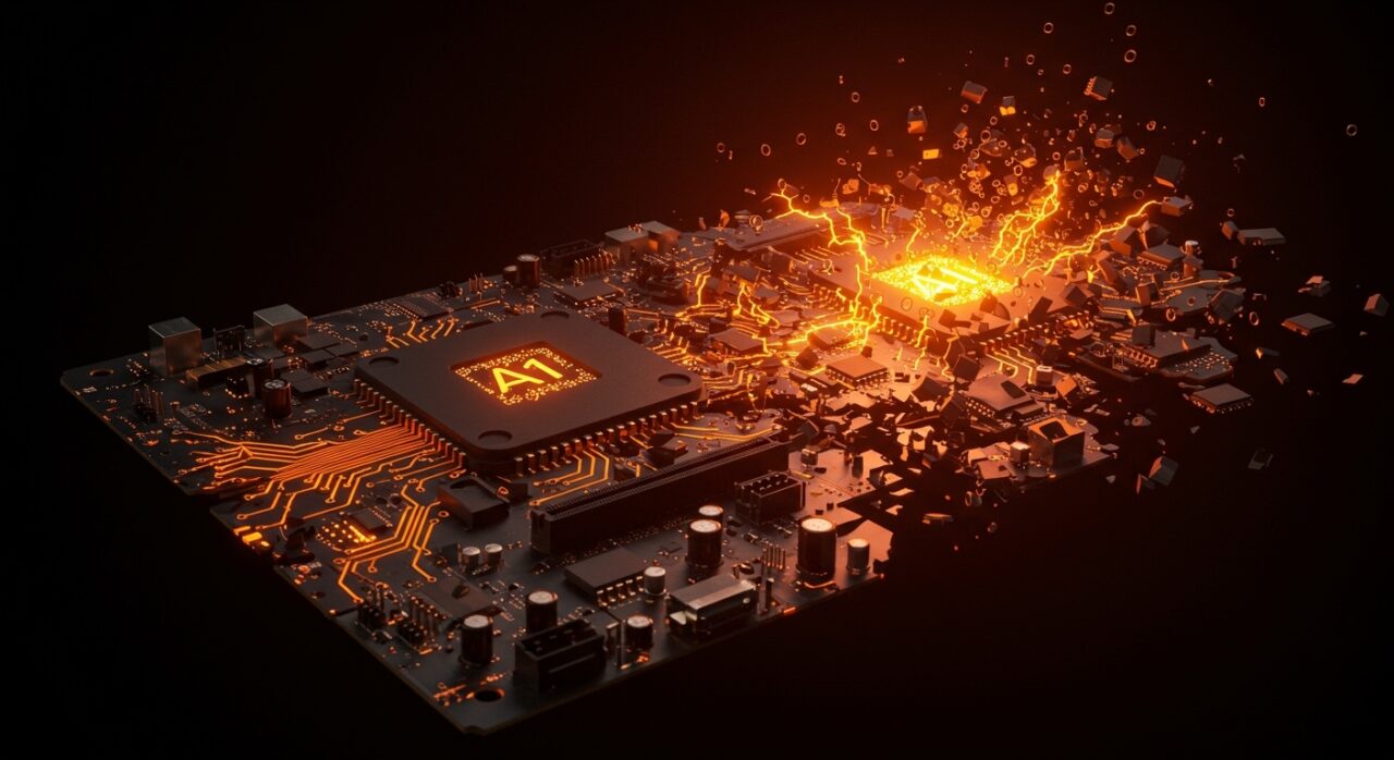 Representación conceptual de la crisis de chips e infraestructura de hardware para IA con placas base y circuitos en tonos naranja y negro.