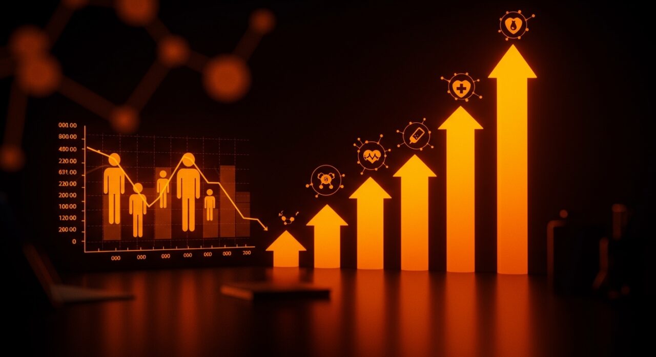 Gráfico conceptual de una curva demográfica descendente transformándose en oportunidades tecnológicas de salud y automatización para startups.