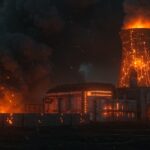 Representación conceptual de la seguridad energética de Europa con energía nuclear y baterías frente a la crisis del petróleo.