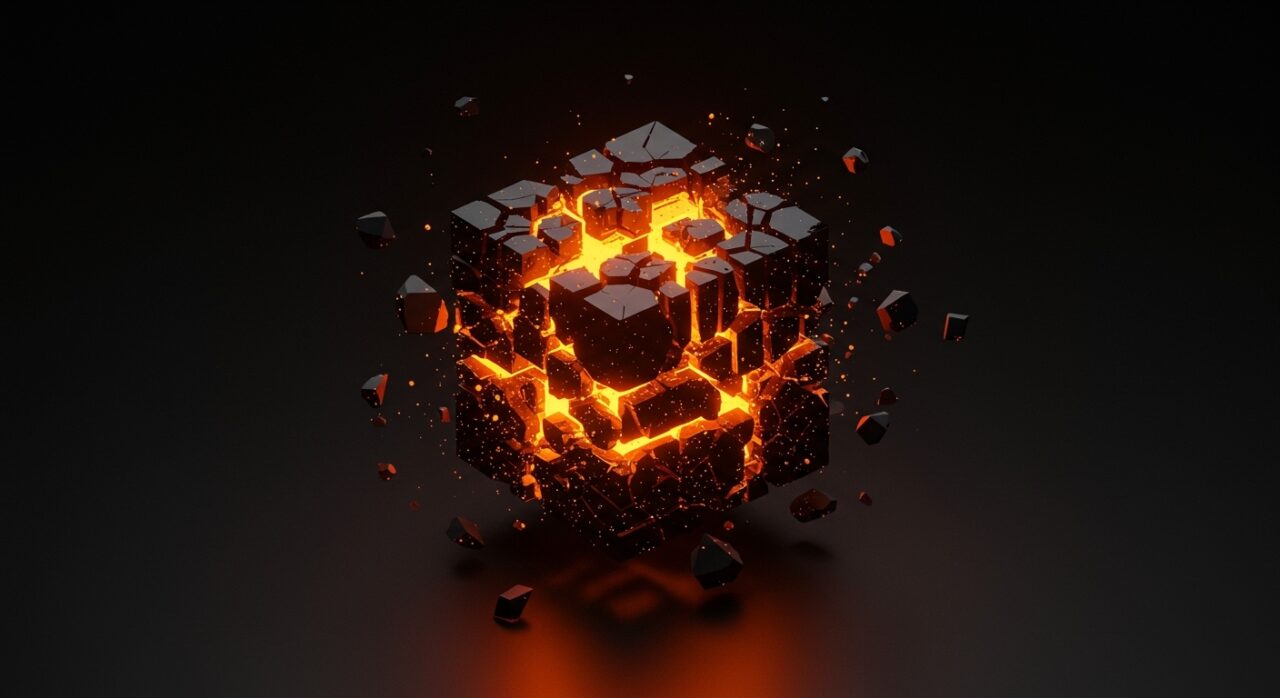 Representación conceptual de datos incompletos y fragmentos digitales en tonos naranja y negro para founders de startups tecnológicas.