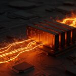 Representación conceptual de memoria RAM DDR6 y chips de semiconductores para infraestructura de IA en colores naranja y negro.