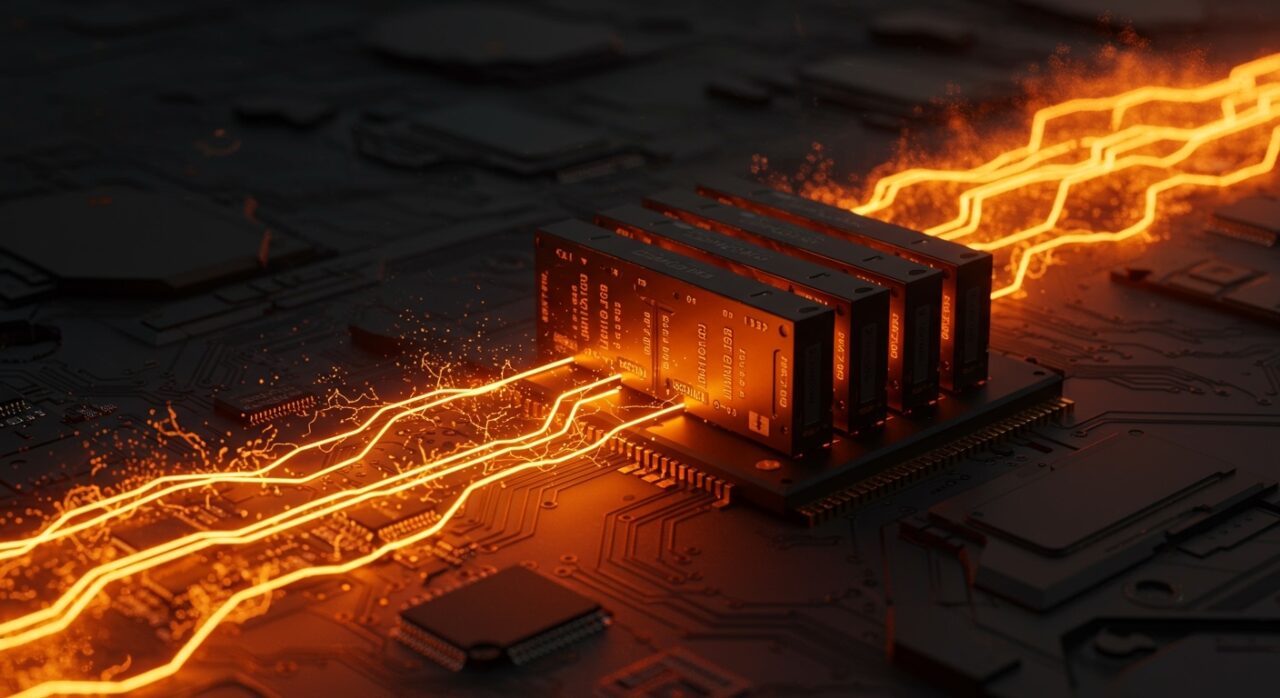 Representación conceptual de memoria RAM DDR6 y chips de semiconductores para infraestructura de IA en colores naranja y negro.