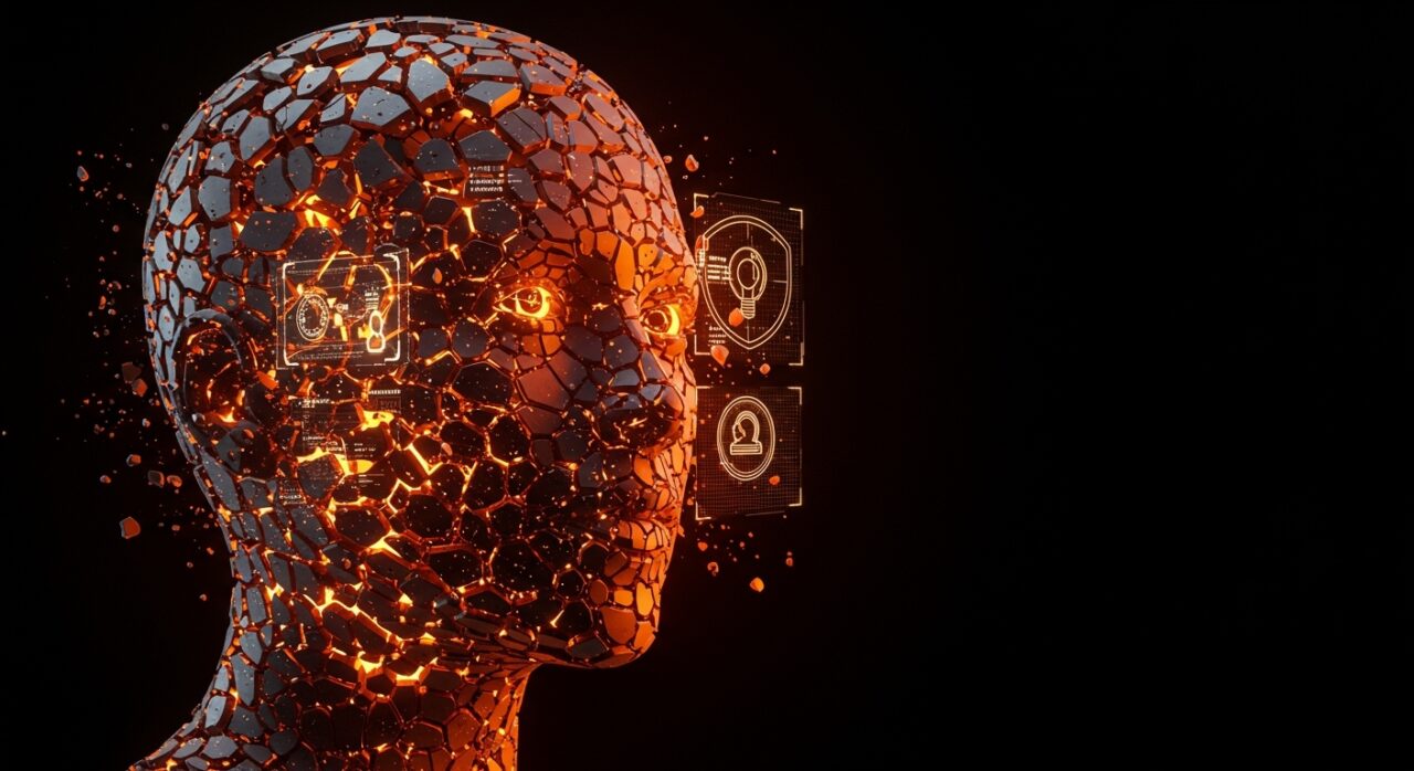 Representación conceptual de seguridad contra deepfakes y fraude de IA en startups, con estética de ciberseguridad digital.