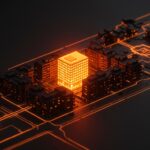 Representación conceptual de proptech y vivienda asequible en Denver mediante arquitectura digital naranja y negra.