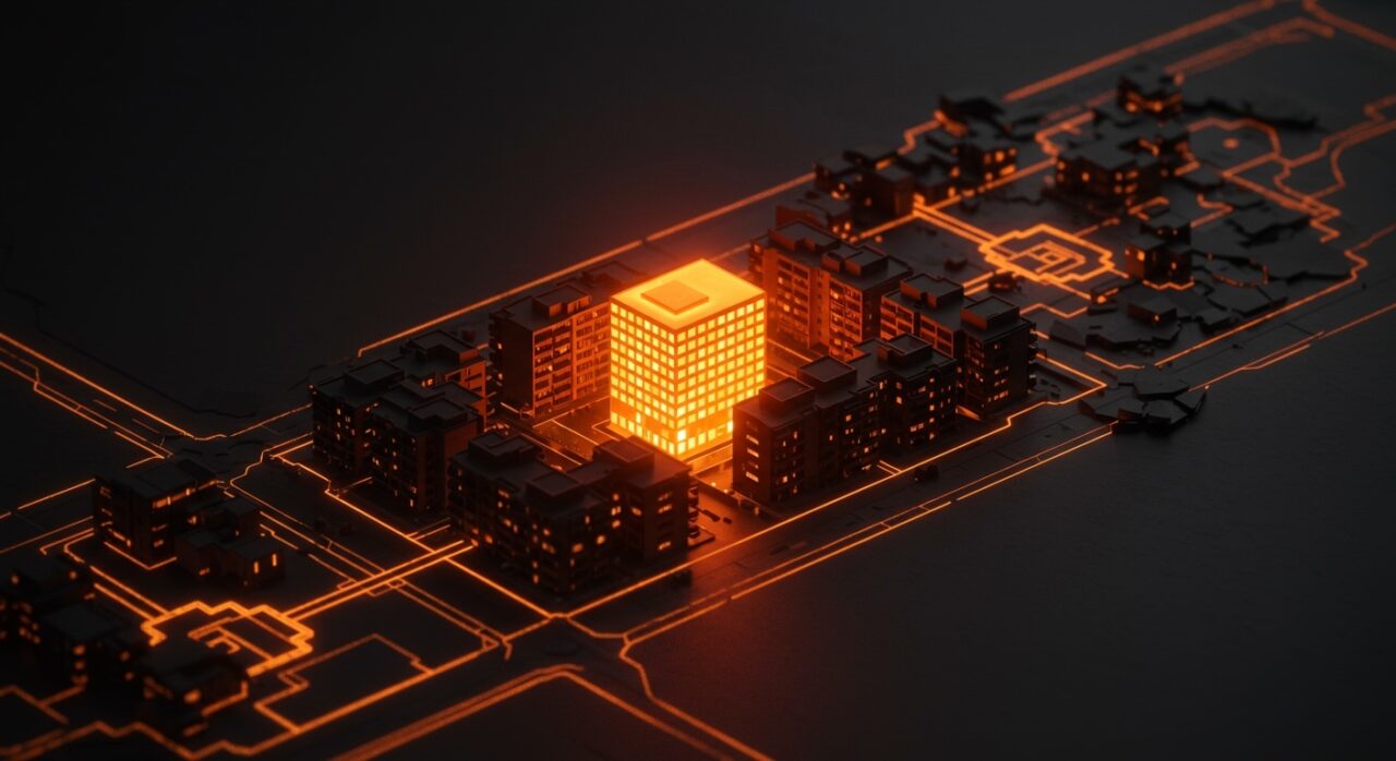 Representación conceptual de proptech y vivienda asequible en Denver mediante arquitectura digital naranja y negra.