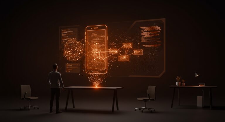 Desarrollo de aplicaciones móviles en 2026 impulsado por IA, mostrando la evolución tecnológica para founders de startups.
