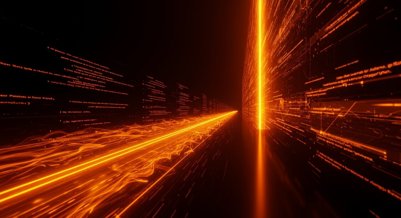 Desarrollo de software con IA mostrando un cuello de botella digital en una infraestructura de startup tecnológica.