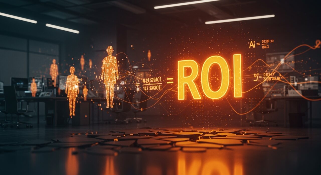 Representación visual de despidos tecnológicos por IA y el cálculo del ROI de automatización laboral en un entorno digital naranja y negro.