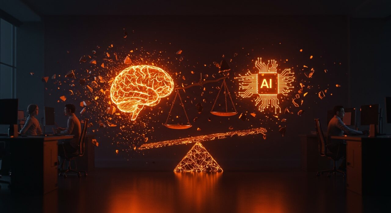 Representación conceptual de despidos tech por IA y ROI real, mostrando el contraste entre la automatización y el capital humano.