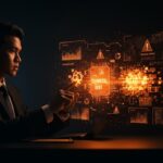 Ejecutivo analizando deuda técnica de IA en una interfaz digital, representando la optimización de sistemas y el retorno de inversión en startups.