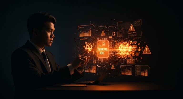Ejecutivo analizando deuda técnica de IA en una interfaz digital, representando la optimización de sistemas y el retorno de inversión en startups.
