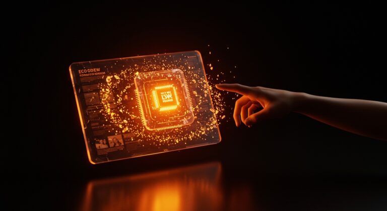 Representación conceptual del relanzamiento de Digg con IA, mostrando un agregador de noticias digital futurista en tonos naranja y negro.