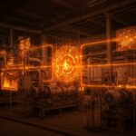 Planta industrial digitalizada con gemelos digitales y redes IIoT optimizando el consumo energético en tonos naranja y negro.