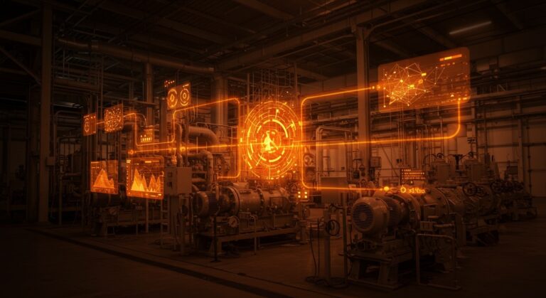 Planta industrial digitalizada con gemelos digitales y redes IIoT optimizando el consumo energético en tonos naranja y negro.