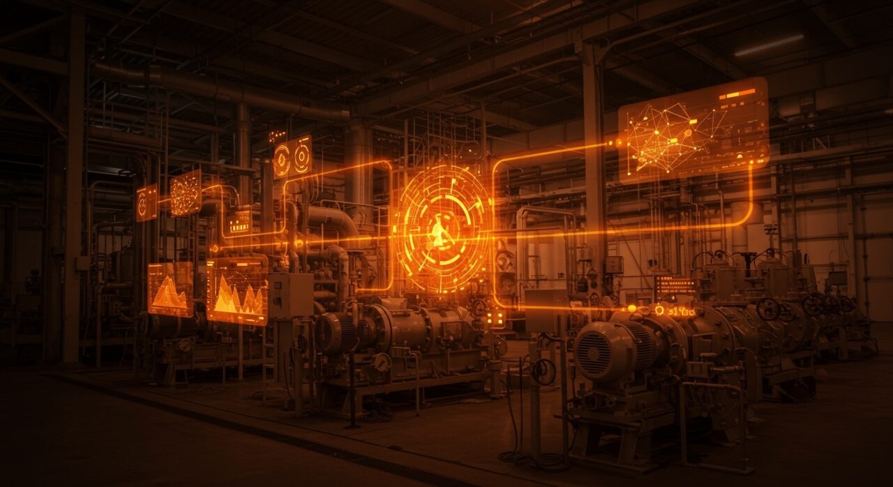 Planta industrial digitalizada con gemelos digitales y redes IIoT optimizando el consumo energético en tonos naranja y negro.