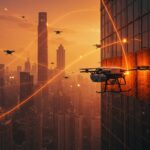 Drones industriales de limpieza automatizada en rascacielos de China, representando el mercado de robótica y automatización edilicia.