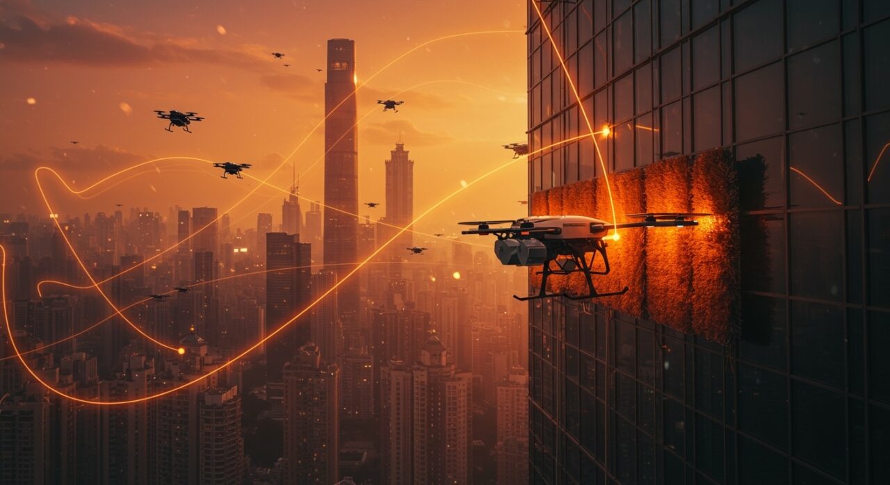 Drones industriales de limpieza automatizada en rascacielos de China, representando el mercado de robótica y automatización edilicia.