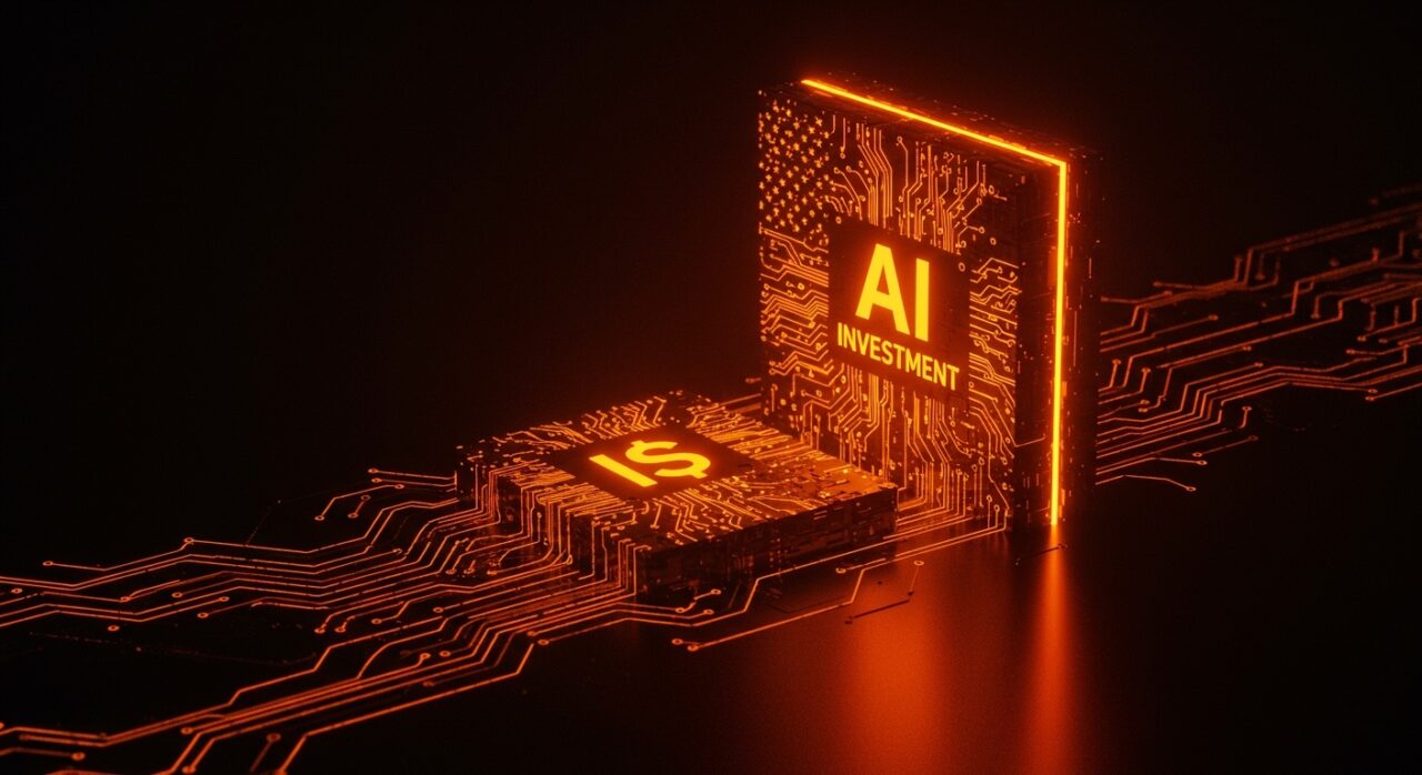 Representación visual de la inversión masiva en inteligencia artificial comparando Estados Unidos y China con enfoque en infraestructura tecnológica.