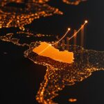 Mapa digital de El Salvador iluminado con redes de inversión tecnológica, destacando su ascenso en el ecosistema startup de LATAM.