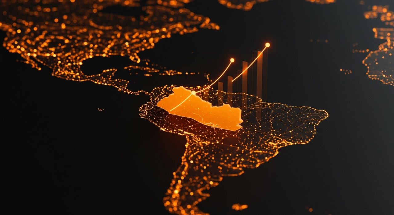 Mapa digital de El Salvador iluminado con redes de inversión tecnológica, destacando su ascenso en el ecosistema startup de LATAM.