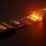 Representación conceptual de la traducción binaria de x86 a ARM de Microsoft Elevator, simbolizando velocidad y migración tecnológica.
