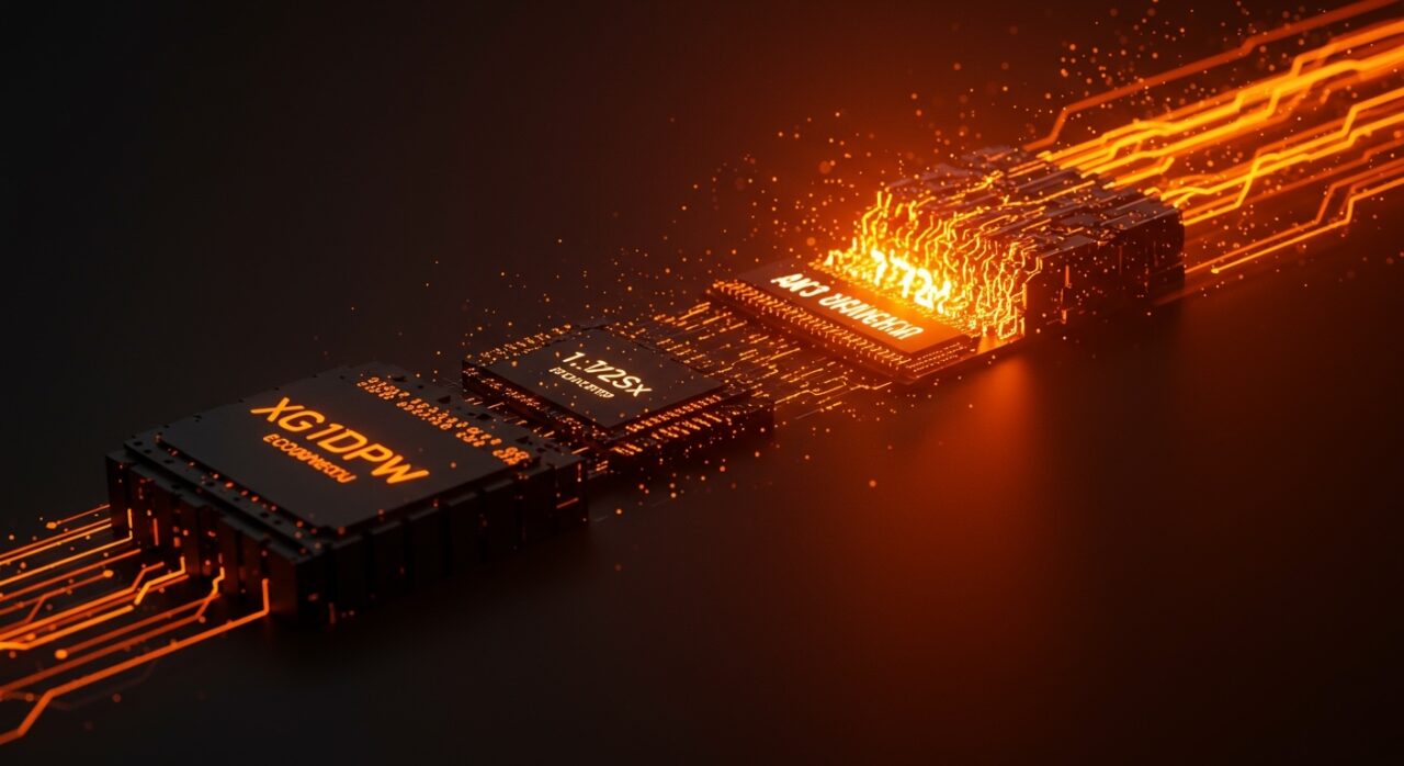 Representación conceptual de la traducción binaria de x86 a ARM de Microsoft Elevator, simbolizando velocidad y migración tecnológica.