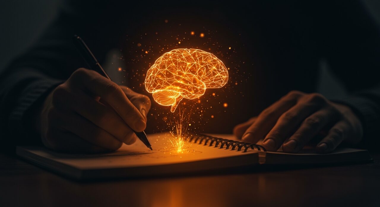 Representación conceptual de la neurociencia y la escritura a mano para mejorar la productividad cognitiva y el deep work.
