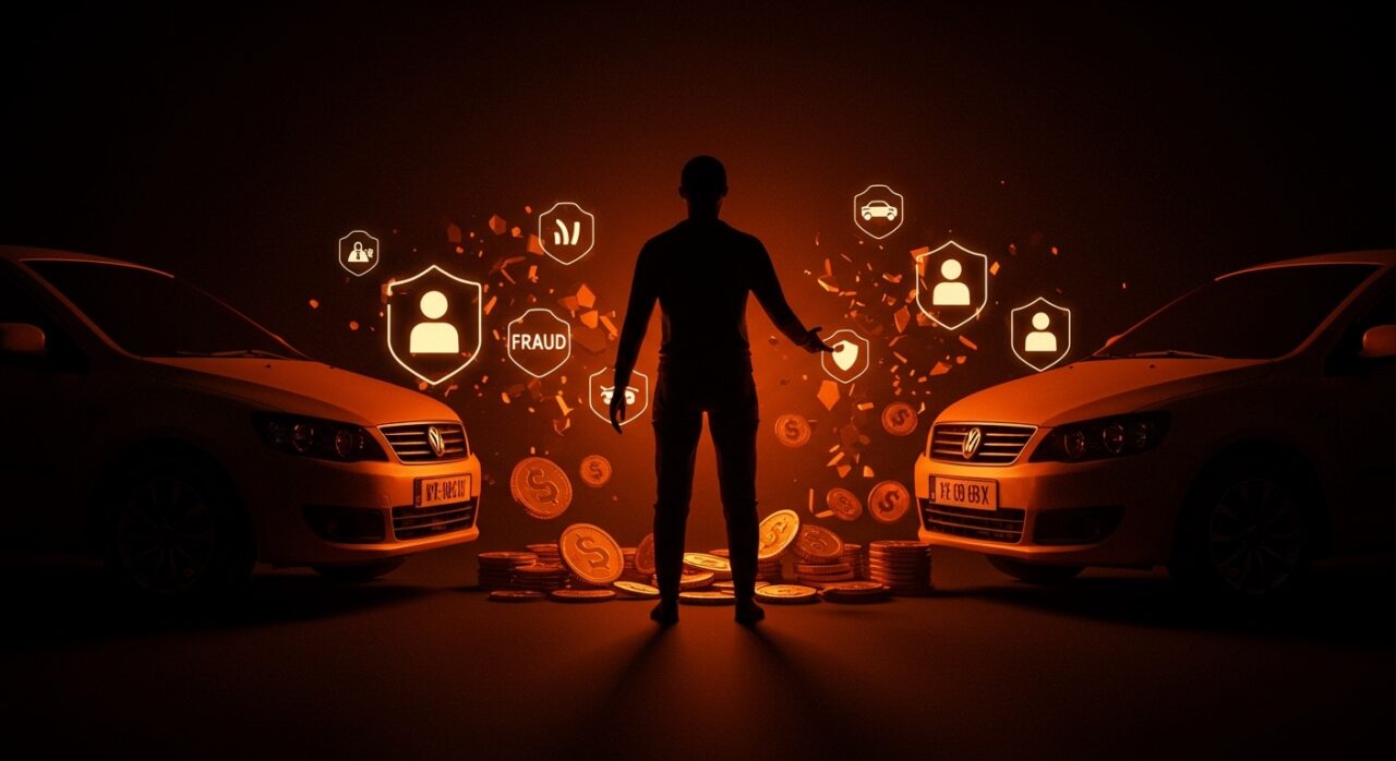 Estafa coche mellizo en España 2026 representada con dos vehículos idénticos y un fraude digital entre ellos, ilustrando el riesgo de perder dinero en el mercado de coches de segunda mano.