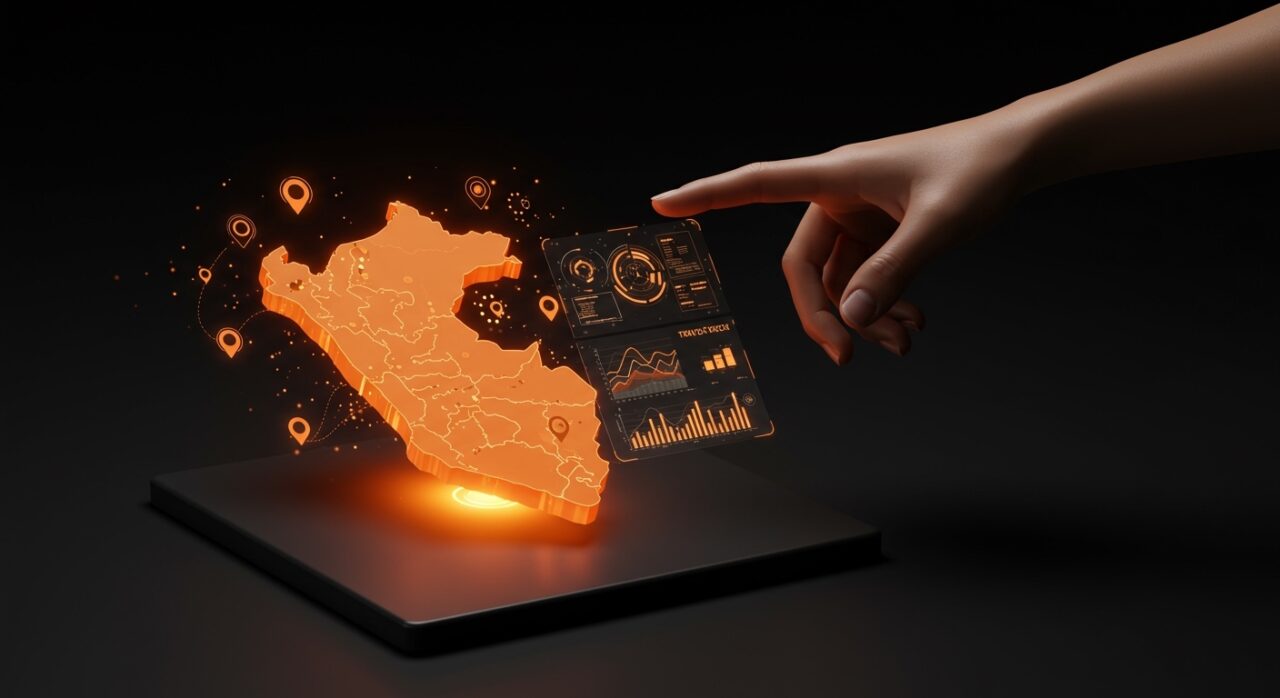 Concepto de TravelTech y emprendimiento turístico en Perú con elementos digitales y colores corporativos de Ecosistema Startup.