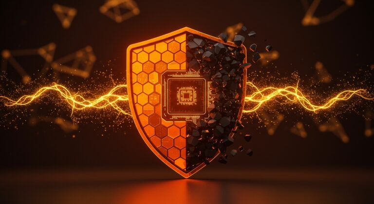 Representación visual de ciberseguridad con IA y financiamiento de startup, destacando la protección de datos y el crecimiento tecnológico.
