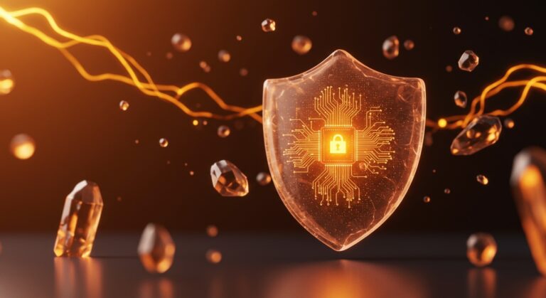 Ciberseguridad con IA y fondos de inversión Serie B representados por un escudo digital naranja y negro para founders de deep tech.