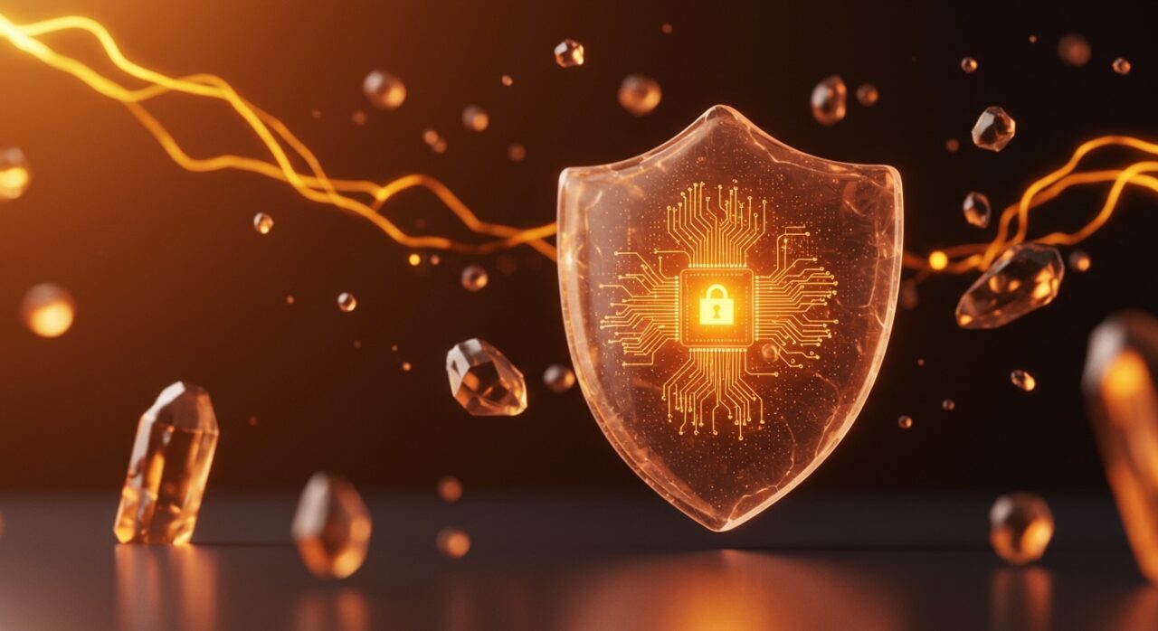 Ciberseguridad con IA y fondos de inversión Serie B representados por un escudo digital naranja y negro para founders de deep tech.