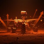 Rover Rosalind Franklin de la misión ExoMars 2028 perforando la superficie de Marte, destacando la exploración espacial europea y la colaboración ESA-NASA.