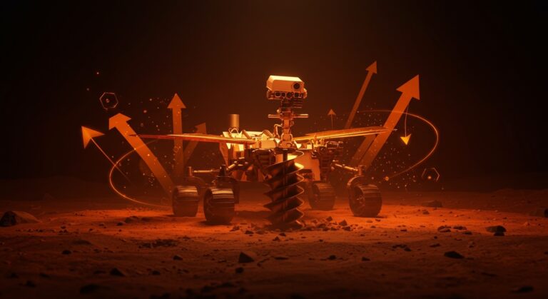 Rover Rosalind Franklin de la misión ExoMars 2028 perforando la superficie de Marte, destacando la exploración espacial europea y la colaboración ESA-NASA.