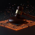 Balanza de justicia digital con circuitos de inteligencia artificial en tonos naranja y negro, representando el fallo legal sobre el uso de IA en subvenciones gubernamentales.