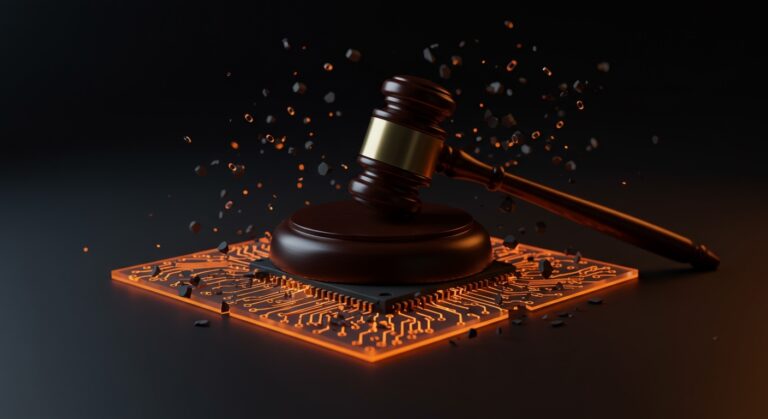 Balanza de justicia digital con circuitos de inteligencia artificial en tonos naranja y negro, representando el fallo legal sobre el uso de IA en subvenciones gubernamentales.