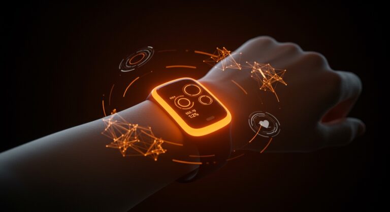 Wearable de salud sin pantalla en tonos naranja y negro, representando la tendencia de dispositivos healthtech y modelos de suscripción.