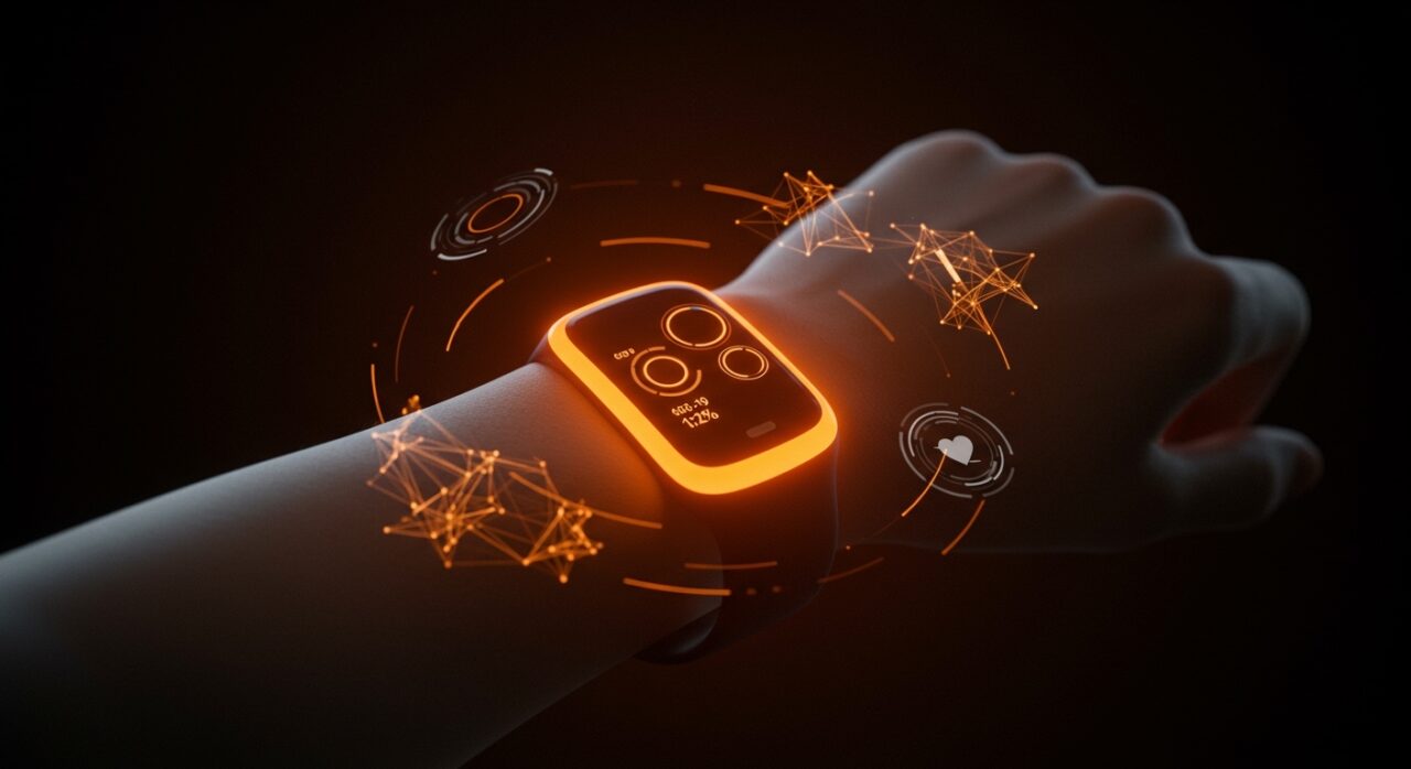 Wearable de salud sin pantalla en tonos naranja y negro, representando la tendencia de dispositivos healthtech y modelos de suscripción.