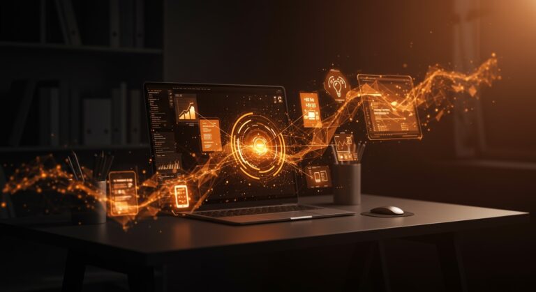 Representación visual de la automatización IT en entornos de teletrabajo híbrido para empresas, destacando la eficiencia operativa y la gestión remota.