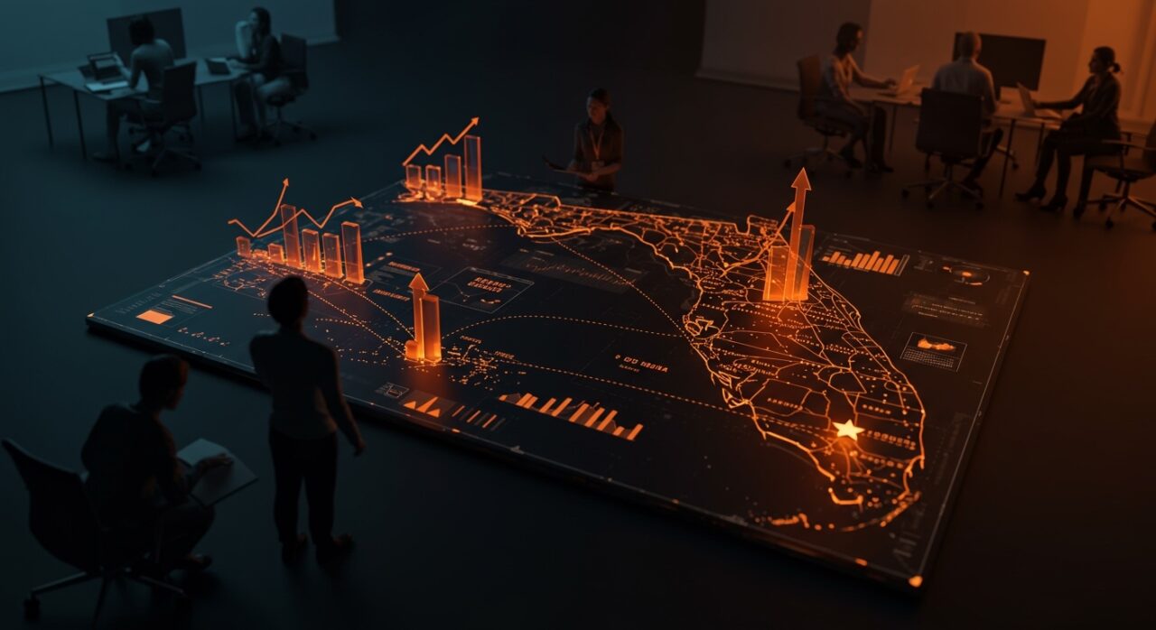 Mapa digital destacando seis ciudades de Florida en el top 10 para startups y pequeños negocios con enfoque en acceso a capital y ecosistema emprendedor hispanohablante.