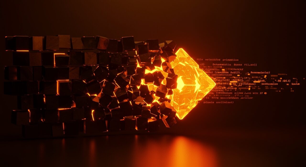 Representación visual de la remediación de vulnerabilidades CVE mediante builds determinísticos con Flox y Nix en un entorno de ciberseguridad DevOps.
