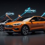 Ford coches eléctricos en showroom futurista con modelos BYD y Xiaomi representando la competencia y liderazgo del mercado EV en China.