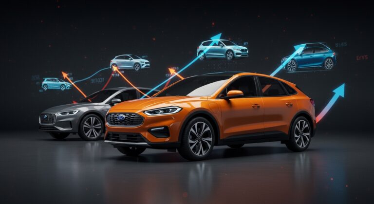 Ford coches eléctricos en showroom futurista con modelos BYD y Xiaomi representando la competencia y liderazgo del mercado EV en China.