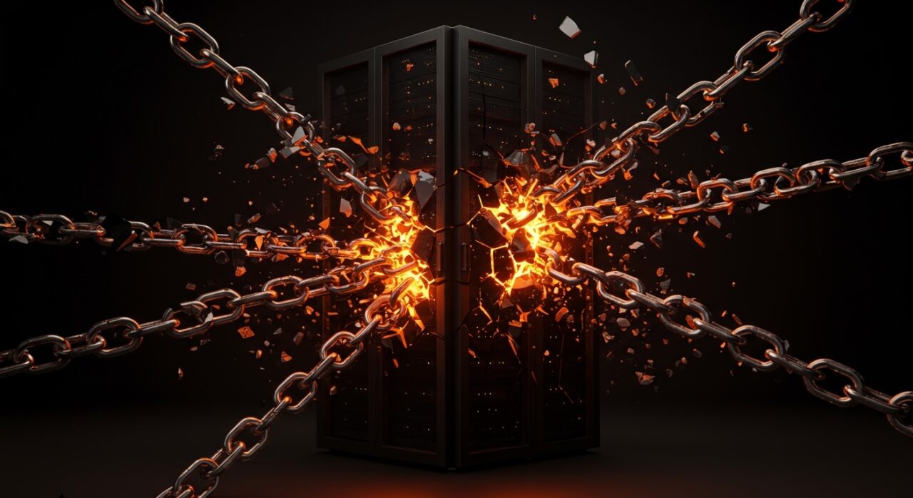 Concepto de ciberseguridad y ransomware en la cadena de suministro, representando la protección de datos frente a ataques digitales.