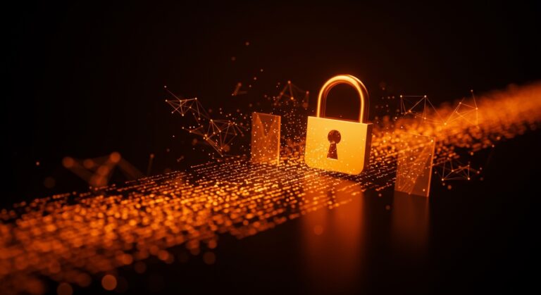 Concepto visual de encriptación de datos y ciberseguridad en Francia, representando la privacidad de la mensajería y la regulación tech europea.