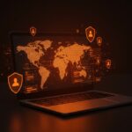 Concepto de ciberseguridad y fraude laboral remoto en startups, destacando la protección contra intrusiones digitales internacionales.