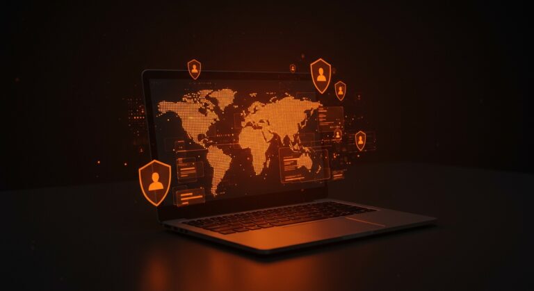 Concepto de ciberseguridad y fraude laboral remoto en startups, destacando la protección contra intrusiones digitales internacionales.