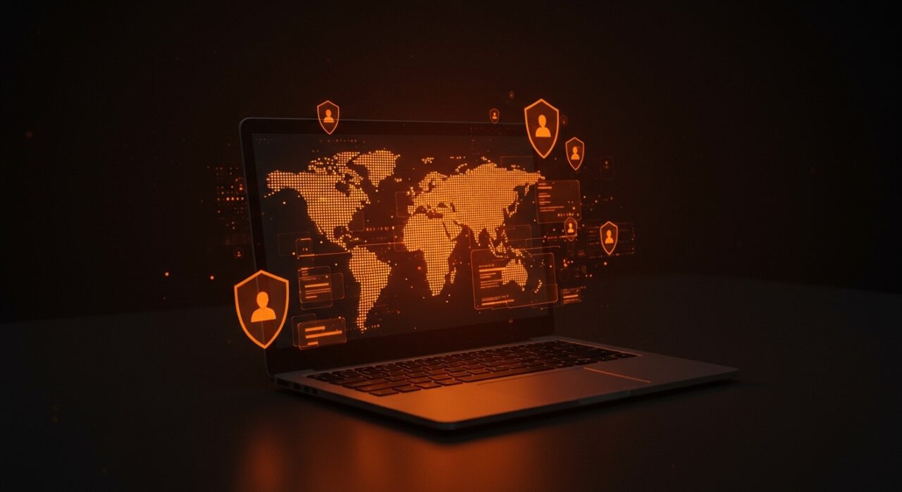 Concepto de ciberseguridad y fraude laboral remoto en startups, destacando la protección contra intrusiones digitales internacionales.