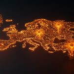 Representación visual del funding de IA en Europa 2026 con flujo de capital digital en colores naranja y negro.