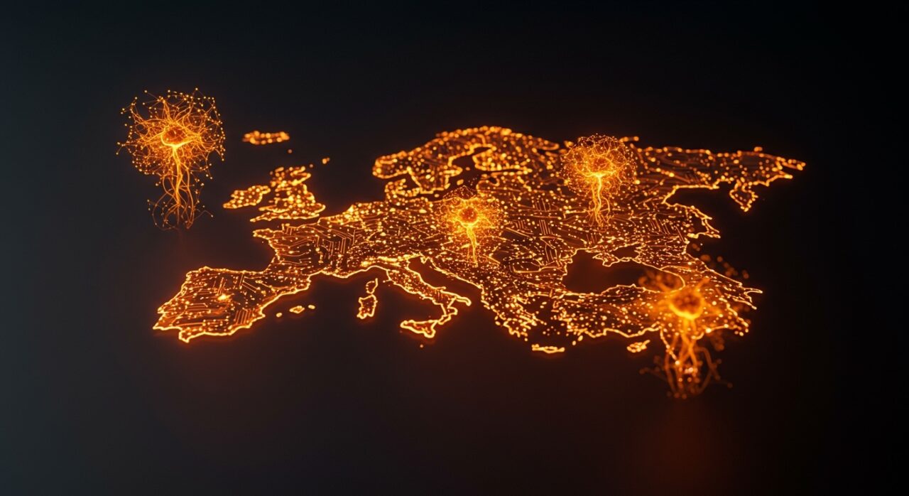 Representación visual del funding de IA en Europa 2026 con flujo de capital digital en colores naranja y negro.